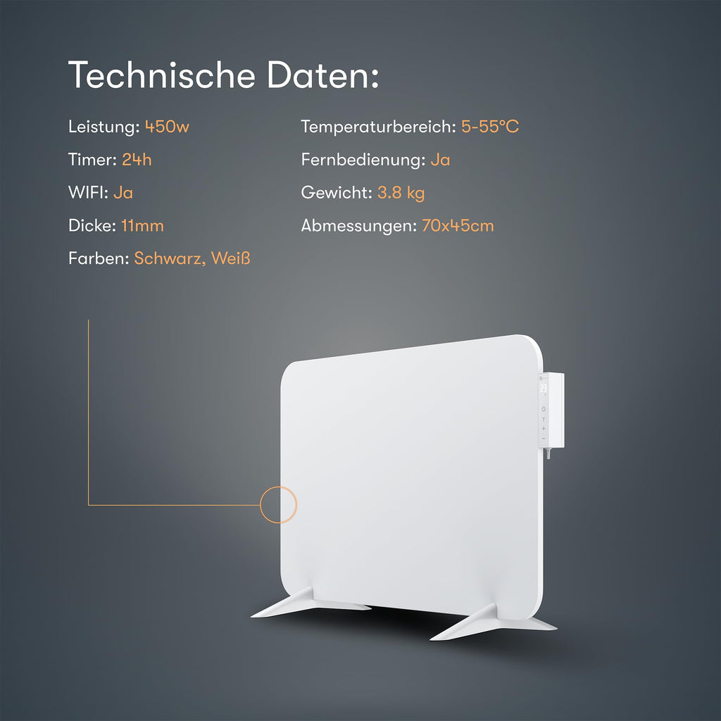 BR Bringer Infrarotheizung 450 Watt mit Smart Thermostat, WIFI & App - für Wandmontage oder als Standgerät für kleine Räume bis 10m² - sehr Energiesparend - Deutsche Qualitätsmarke (weiß)