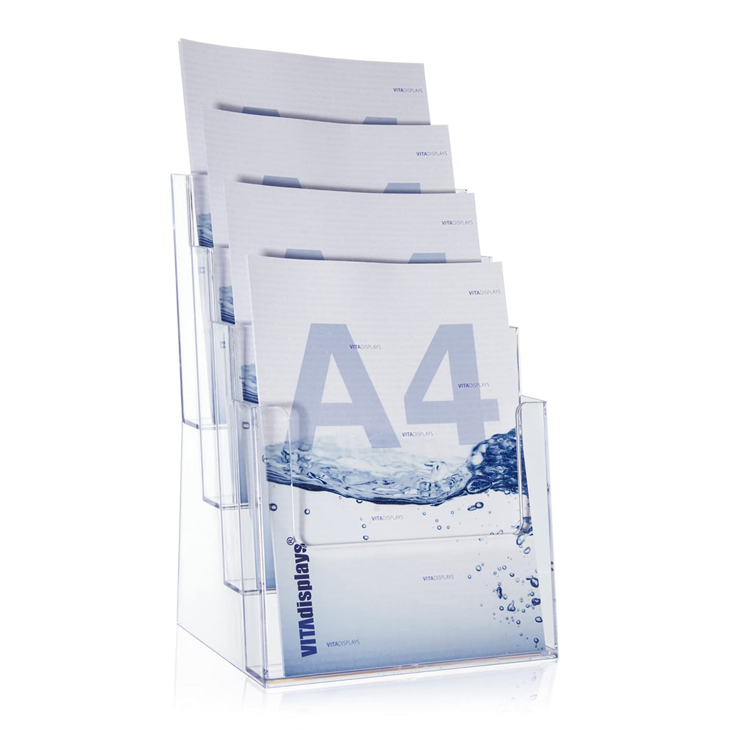 taymar 4C230 Tisch-Prospektständer, Prospektaufsteller im DIN A4 Format (4 Fächer) auf 4 Etagen inkl. Fach-Teilern für eine optionale Umrüstung auf DIN Lang (DL) - trifold mit 8 Fächern – Transparent