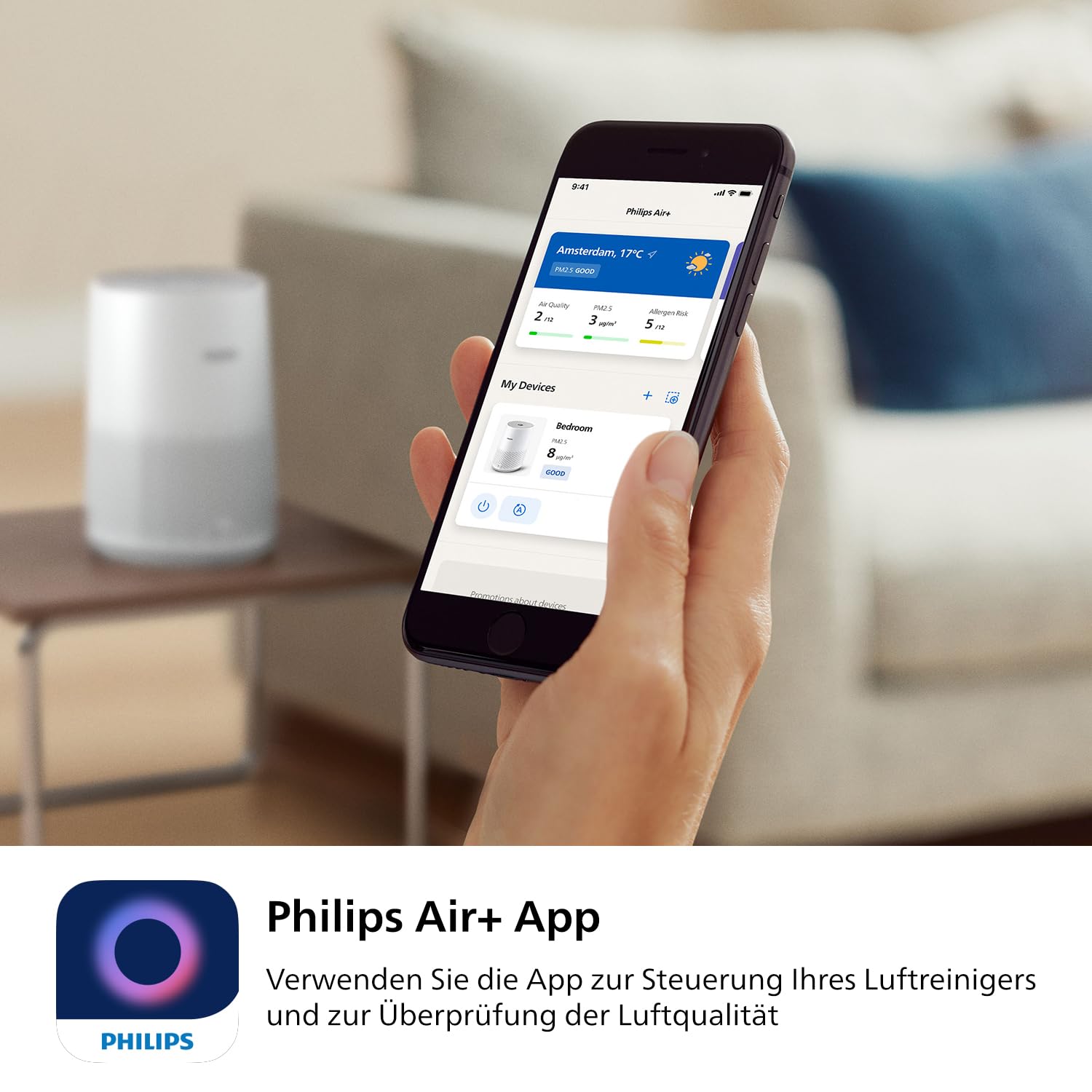Philips Luftreiniger 600-Serie, energieeffizient mit Smart Sensor, Für Allergiker, HEPA-Filter entfernt 99,97% der Schadstoffe, Deckt bis zu 44 m2 ab, App-Steuerung, Weiß (AC0651/10)
