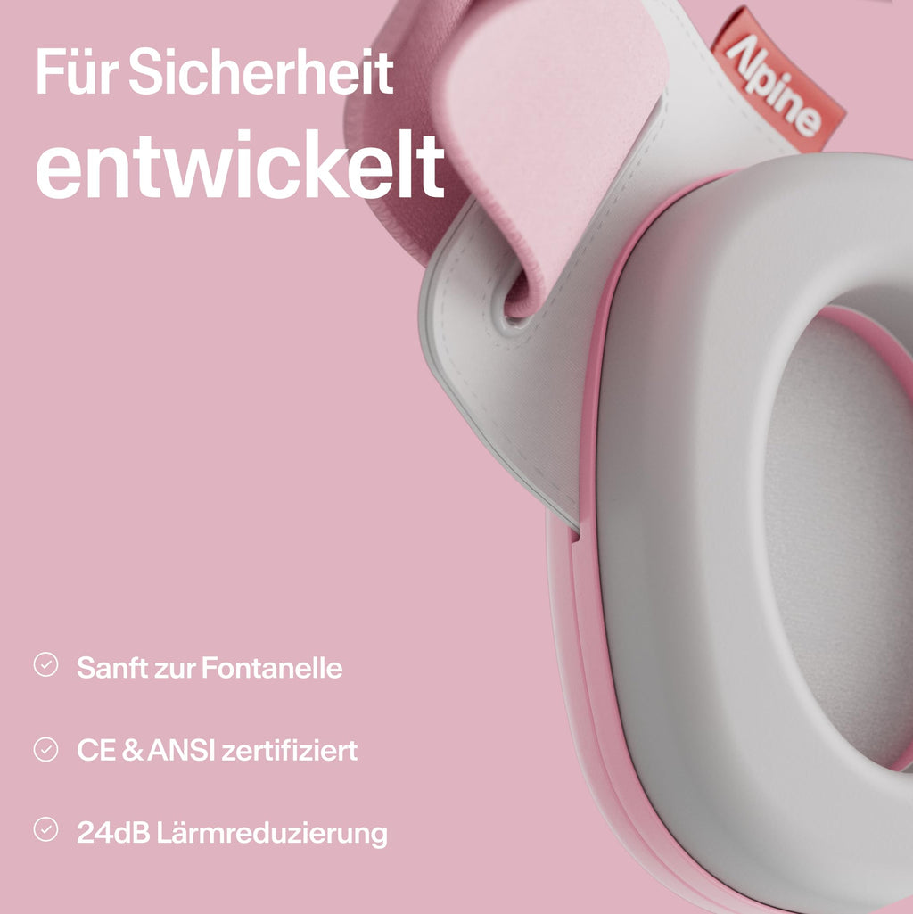 Alpine Muffy Baby Komfort - Gehörschutz für Babys & Kleinkinder - Getestet in Deutschland - Einzigartiges Kopfband für Sicheren & Bequemen Sitz - Verstellbar <48 Monate - Kopfhörer Lärmschutz, Rosa