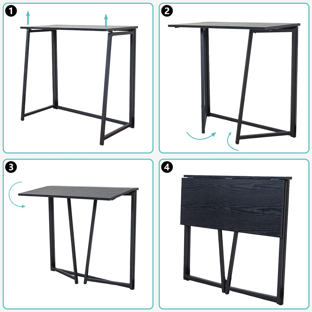 MEUBLE COSY Klapptisch Kleiner Klappbarer Schreibtisch Laptoptisch aus Holz und Metall Computertisch fürs Büro, Wohnzimmer, Home Office, Industrie-Design, Schwarz