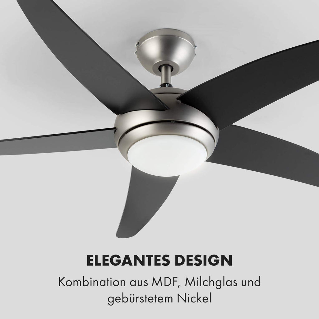 Klarstein Bolero - 2-in-1-Deckenventilator 134cm durchmessender Ventilator, Leuchte 55W Leistung, Holzflügel, Fernbedienung, 50 dB, 3 Drehgeschwindigkeiten: schnell, mittel, langsam, schwarz