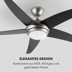 Klarstein Bolero - 2-in-1-Deckenventilator 134cm durchmessender Ventilator, Leuchte 55W Leistung, Holzflügel, Fernbedienung, 50 dB, 3 Drehgeschwindigkeiten: schnell, mittel, langsam, schwarz