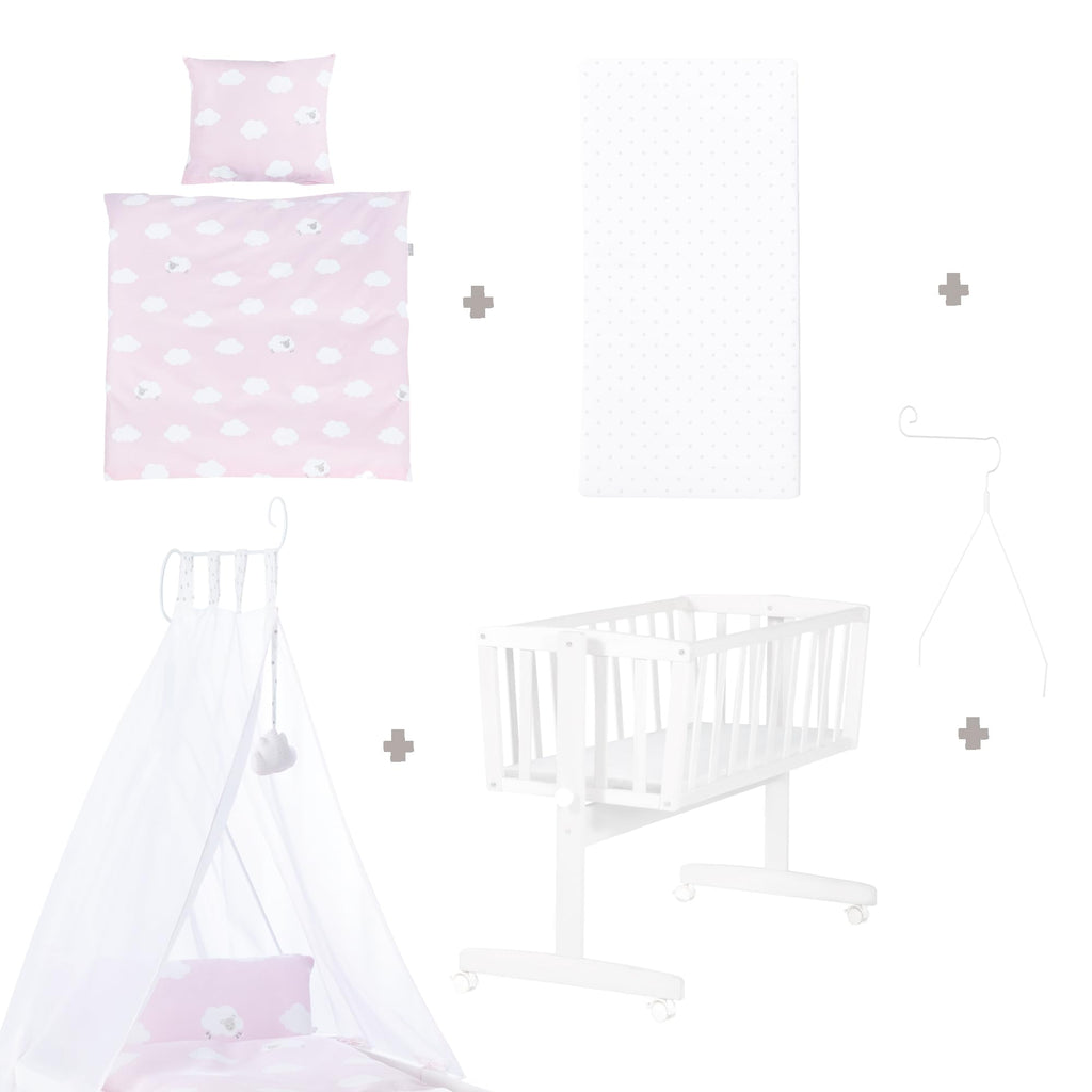 roba Babywiege 40 x 90 cm Kleine Wolke aus Holz - Stubenwagen & Wiege - Bett Set komplett mit Feststellfunktion - Wolken Motiv in Rosa - Inkl. Ausstattung - Holz weiß
