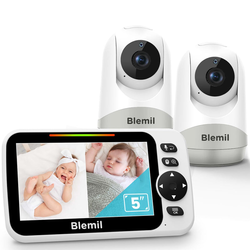 Blemil Babyphone mit 2 Kameras und Audio 30 Stunden wiederaufladbare Batterie, 5" großer geteilter Bildschirm, ferngesteuerte Schwenk-/Neige-/Zoom-Kamera, Zwei-Wege-Gespräch, Nachtsicht, kein WiFi