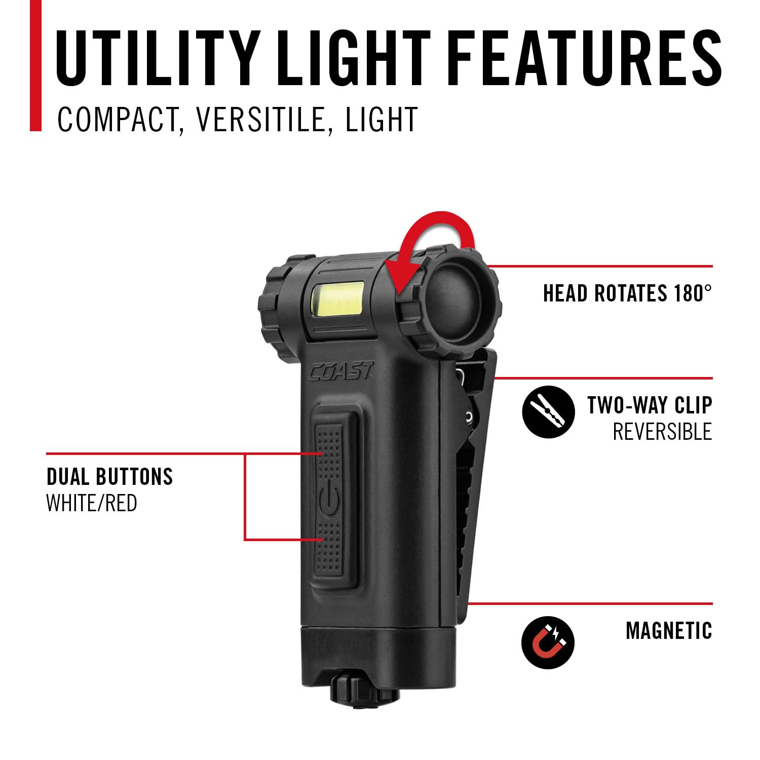 Coast HX4 LED-Klemmleuchte, 80 Lumen, zweifarbig (weißer oder roter Lichtstrahl), magnetisch, mit Strahlrotierung, schwarz
