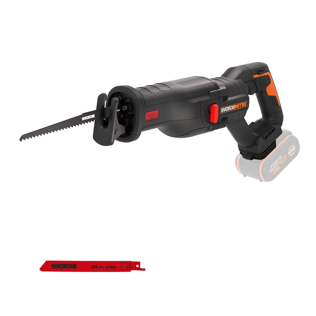 WORX WX516.9 NITRO Akku-Säbelsäge 20V - stark bürstenloser Motor - schneller Sägelblattwechsel - variable Schnittgeschwindigkeit - LED Licht - inkl. Holz- & Metallsägeblatt - ohne Akku & Ladegerät