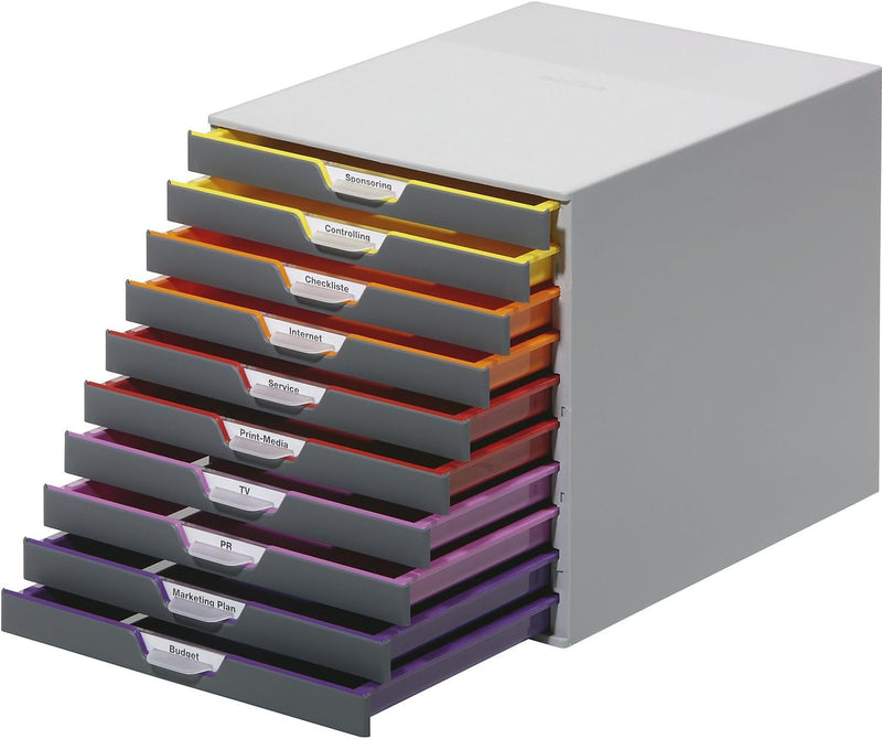 Durable Schubladenbox A4 (Varicolor) 10 Fächer für Dokumentenablage, mit Etiketten zur Beschriftung, mehrfarbig, 761027