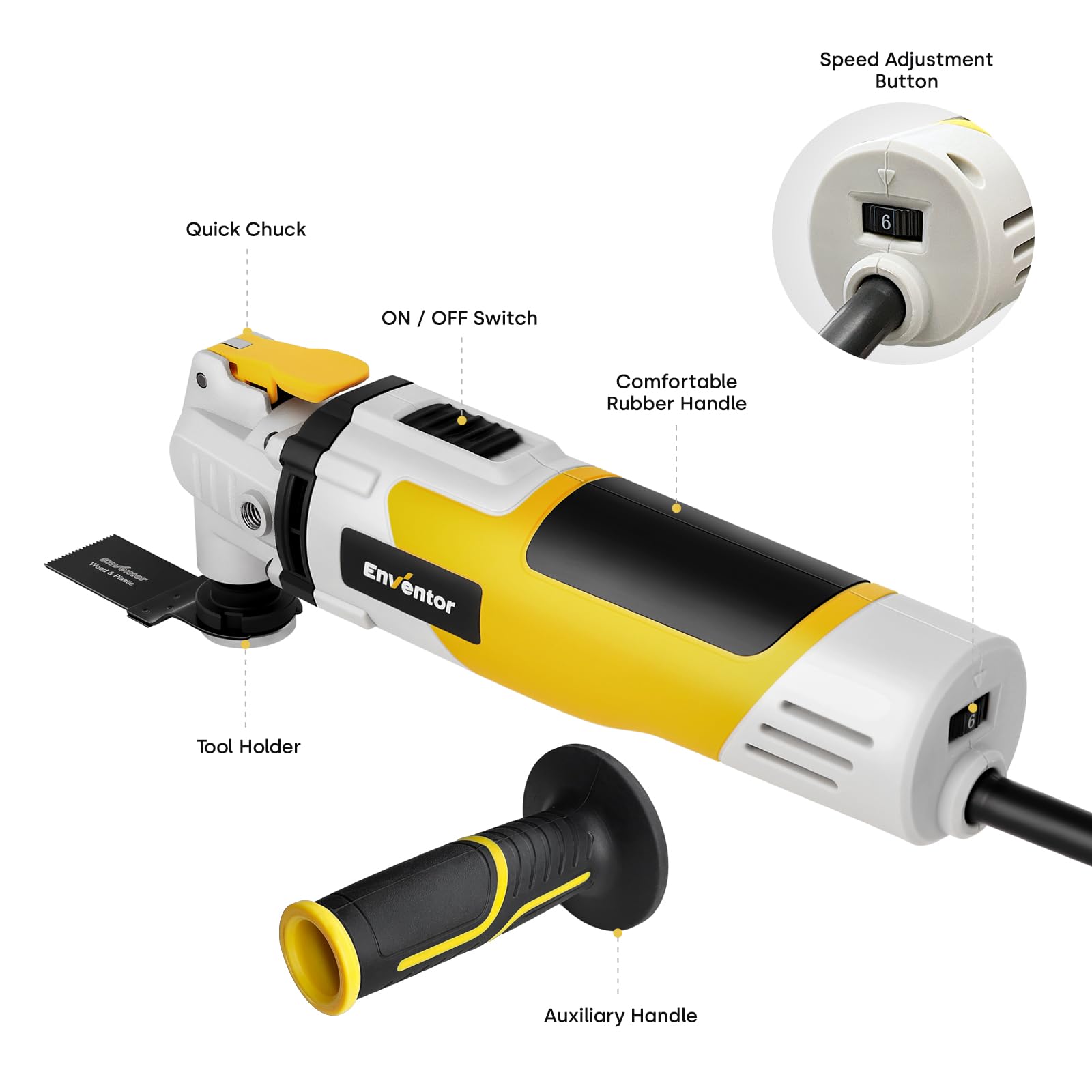 ENVENTOR Oszillationswerkzeug, 280W Multifunktionswerkzeug mit 42 Zubehör, 6 Variable Geschwindigkeit 15000-22000RPM, Hilfsgriff, 3° Oszillationswinkel, zum Schneiden, Schleifen, Polieren