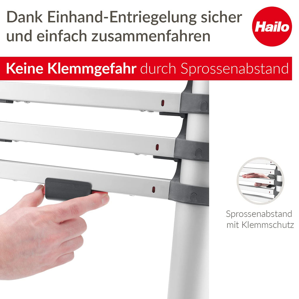 Hailo T80 FlexLine Alu Sicherheits-Teleskopleiter - ausziehbare Anlegeleiter mit 11 Sprossen - Arbeitshöhe bis 397 cm - Gewicht 10,7 kg - Silber