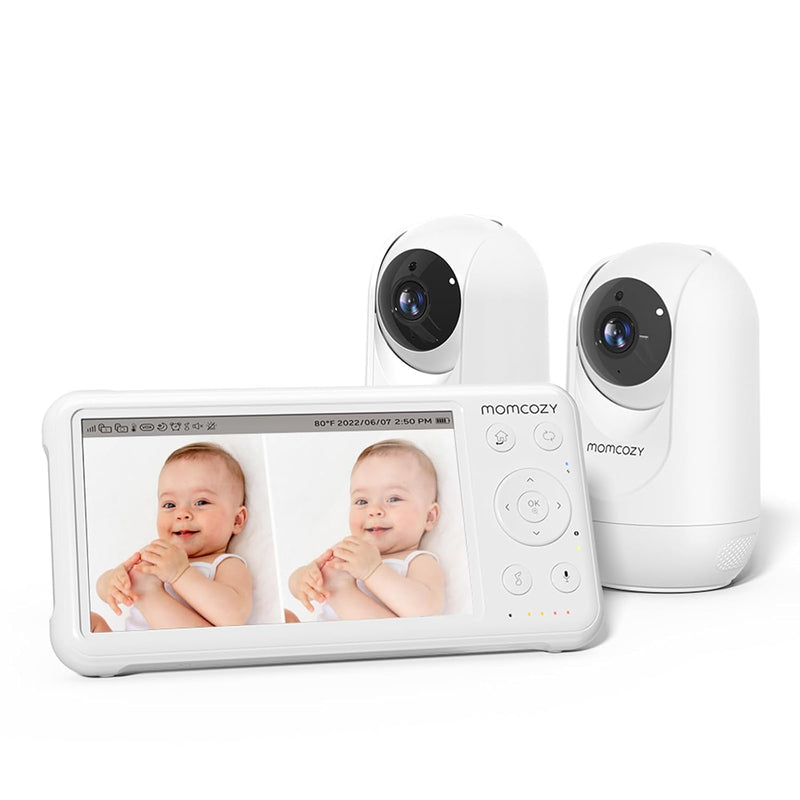 momcozy Babyphone mit 2 Kameras 5 Zoll 1080P Split-Screen-Video-Babyphone mit integriertem Weitwinkelobjektiv, mit Kamera und Audio Kein WLAN, 5000-mAh-Akku Infrarot-Nachtsicht 960 Fuß Reichweite
