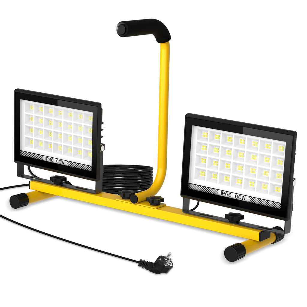 T-SUN 2x60W LED Baustrahler mit Stecker, 11000LM Baustellenstrahler mit 4M Kabel, IP66 Wasserdicht Arbeitsleuchte Baulampe, 6000K Kaltweiß LED Bauscheinwerfer für Baustelle, Werkstatt oder Keller