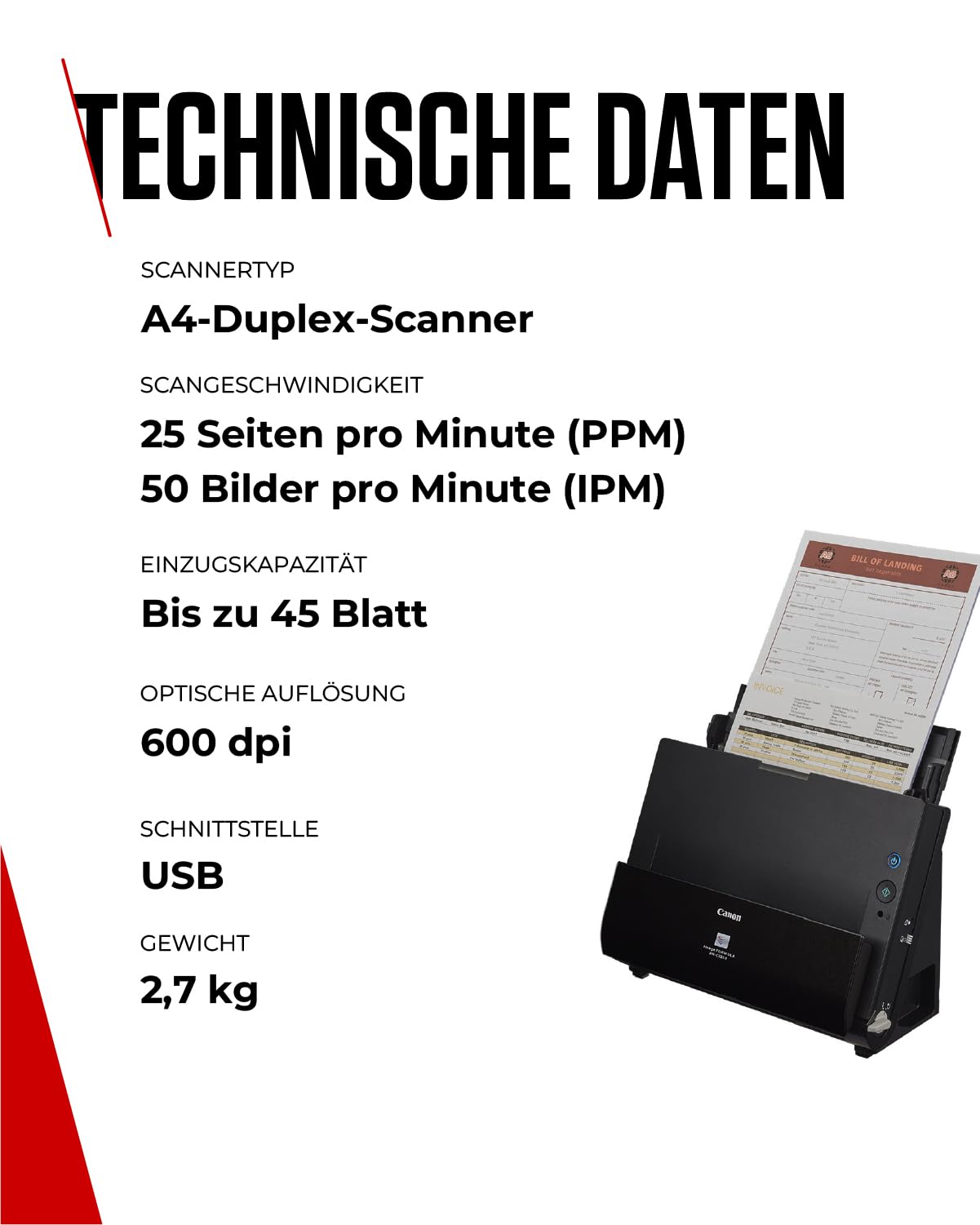 Canon DR-C225 II - imageFORMULA Dokumentenscanner (Duplex, Einzug, Farbe, 600dpi, 25 Seiten/Min, PDF OCR, kompakt, schwarz)