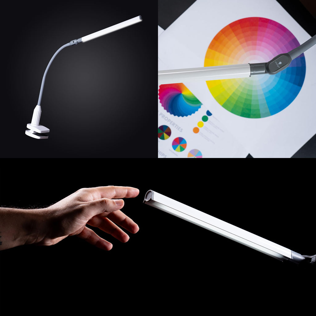 UnoPro™ Klemmleuchte – Hoher CRI 95+, Tageslicht-LED (6.000K, 1.150 Lux), blendfreier Schirm, 4 Helligkeitsstufen, flexibler Arm, stabile Klemme (Weiß)