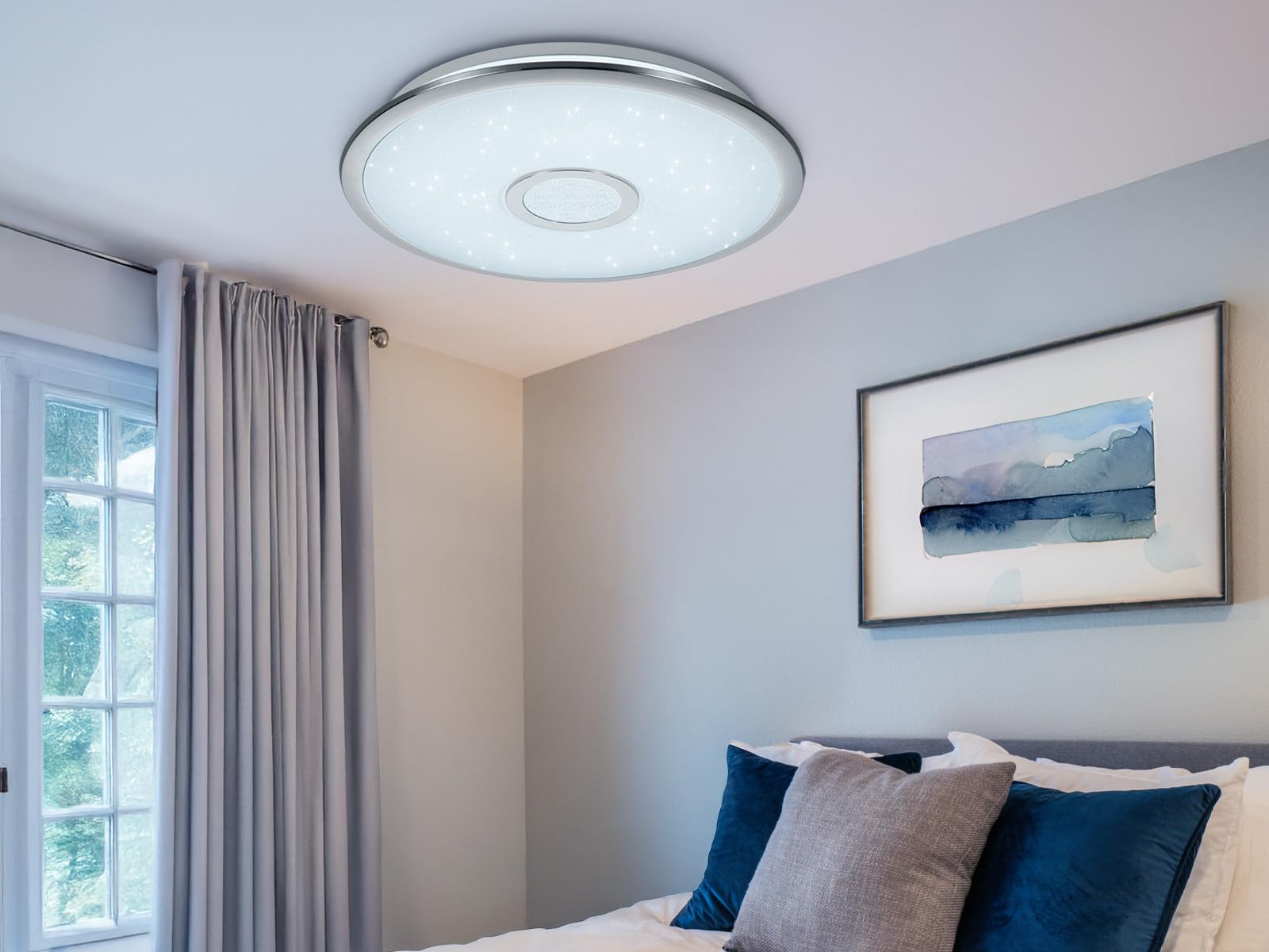 Trio Leuchten LED Deckenleuchte Osaka 678713006, Chrom, Acryl weiß mit Star Light Effekt, 30 Watt, Fernbedienung Helligkeit und Lichtfarbe einstellbar, Nachtlicht Funktion