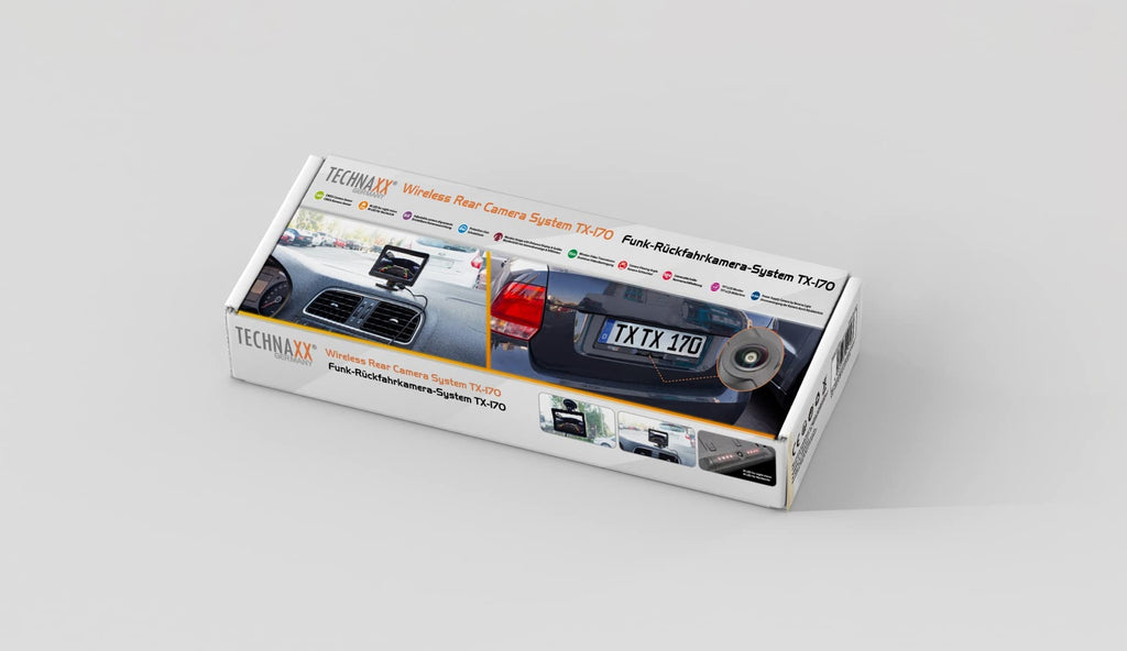 Technaxx Funk-Rückfahrkamera für das Auto in der Kennzeichenhalterung TX-170-4,3" TFT-LCD-Monitor, IR-LED für Nachtsicht bis zu 2m, einstellbare Kamerausrichtung 114° Sichtfeld 135°