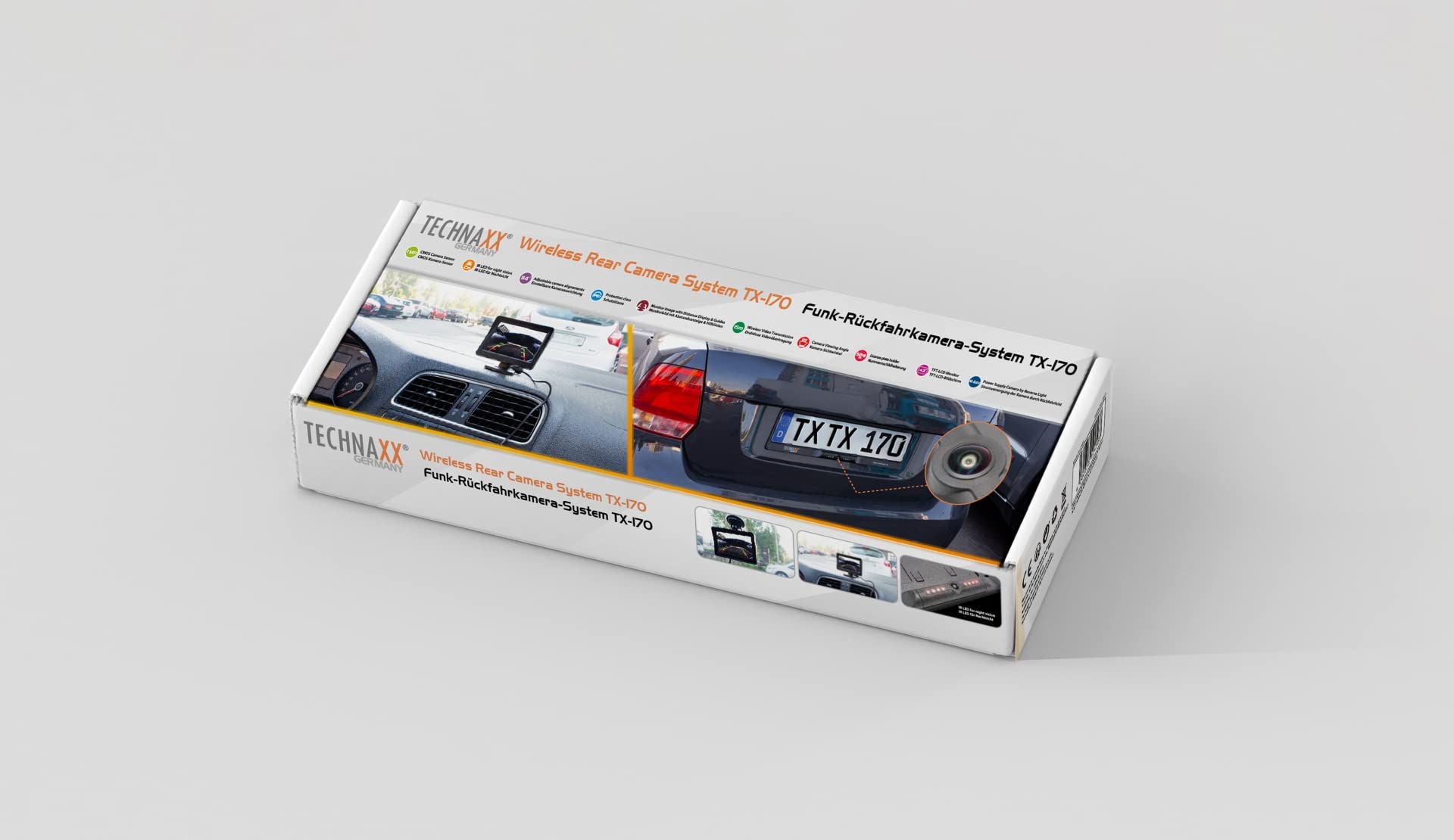 Technaxx Funk-Rückfahrkamera für das Auto in der Kennzeichenhalterung TX-170-4,3" TFT-LCD-Monitor, IR-LED für Nachtsicht bis zu 2m, einstellbare Kamerausrichtung 114° Sichtfeld 135°