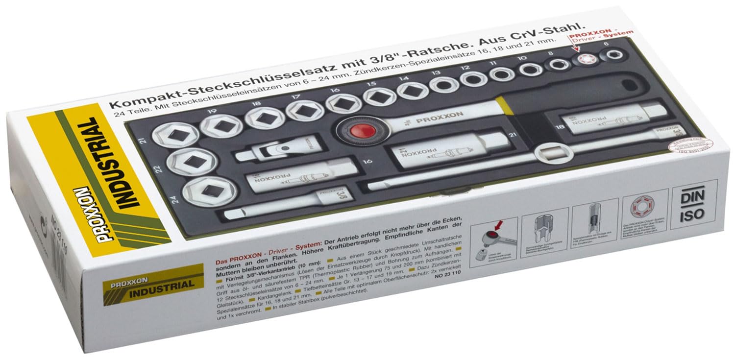 PROXXON Steckschlüsselsatz, Kompaktsatz mit 3/8"-Umschaltratsche, 24-teiliges Werkzeug-Set mit Stahlkasten, 23110, 33.5 x 15 x 5 cm