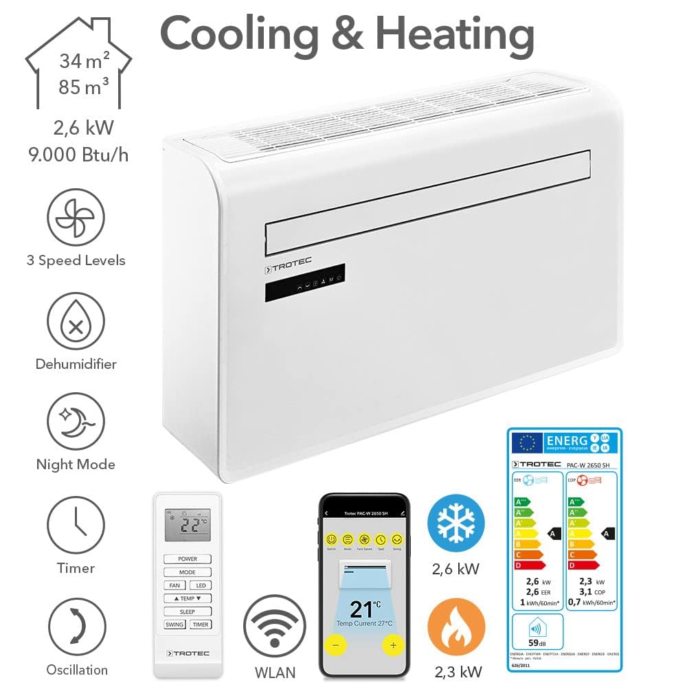 TROTEC PAC-W 2650 SH Wandklimaanlage ohne Außengerät mit Wärmepumpe – 4-in-1 Klimagerät zum Kühlen, Heizen, Entfeuchten & Lüften, 2,6 kW Kühlleistung, Inverter, WLAN, R290, bis 34 m²