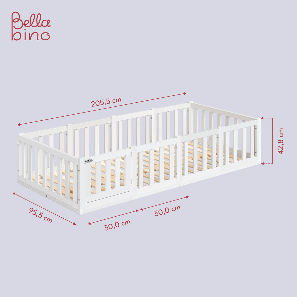 Bellabino Tapi Bett 90x200 cm, Kinderbett mit Rausfallschutz und Tür, inklusive Lattenrost, Montessori Bodenbett für Jungen und Mädchen aus Kiefer Massivholz, weiß lackiert, Bed