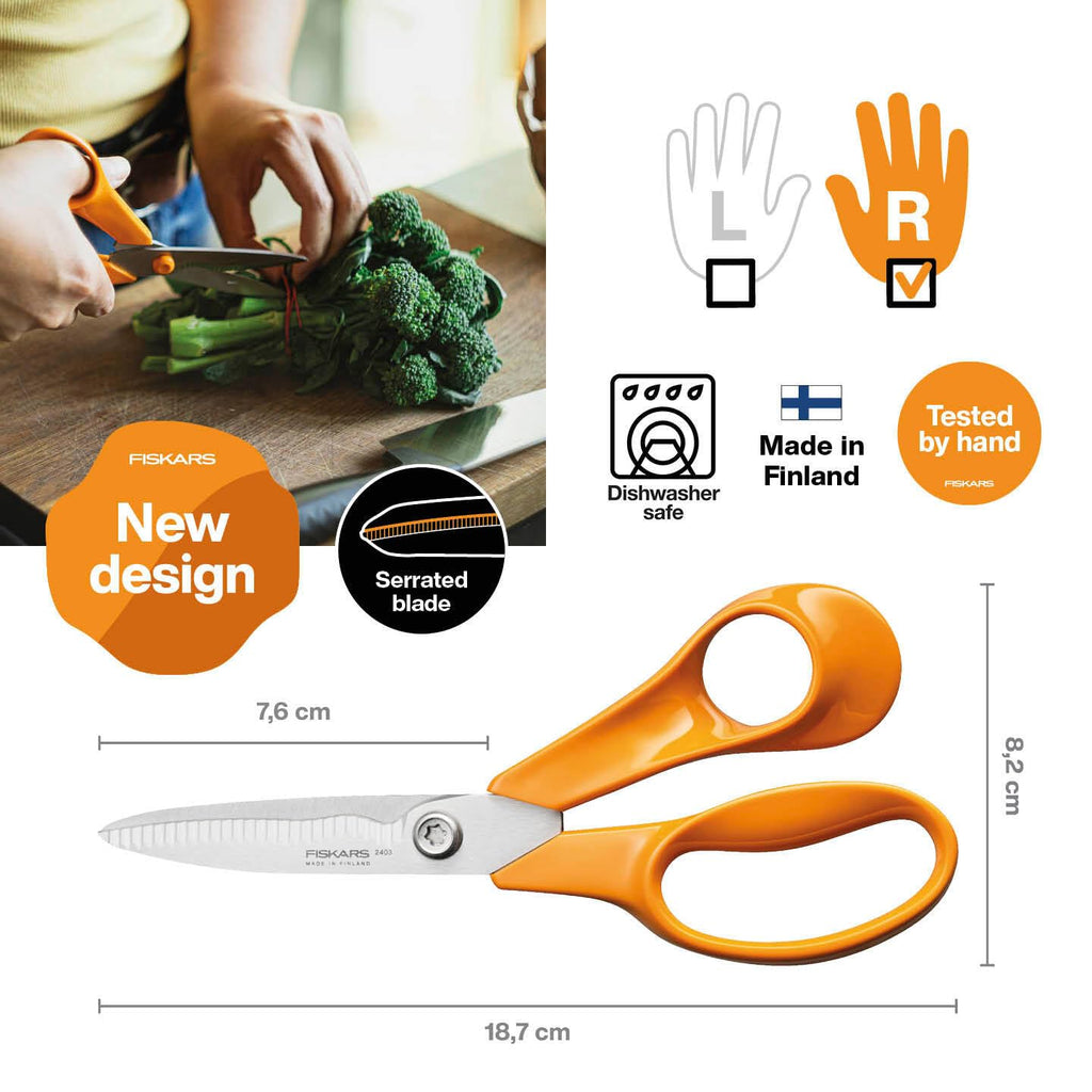 Fiskars Classic Küchenschere, Gezahnte Klingen, Rechtshändig, Gesamtlänge: 18.7 cm, Verbesserte Torx-Schraube und ergonomischerer Griff, Qualitätsstahl/Kunststoff, Orange, 1075051