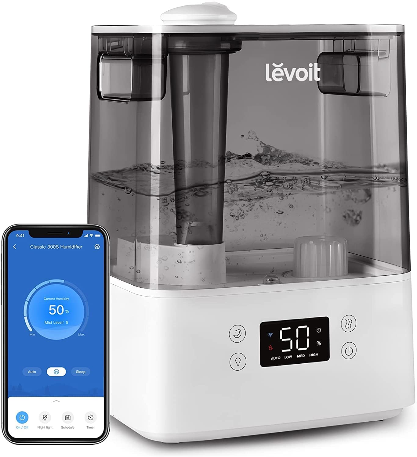 Levoit Top-Fill Luftbefeuchter, Smart Humidifier, mit APP & Alexa Steuerung, bis 47m², leise Raumbefeuchter für Schlafzimmer, Kinderzimmer, Pflanzen, Auto Shut-off, 6 L, Grau