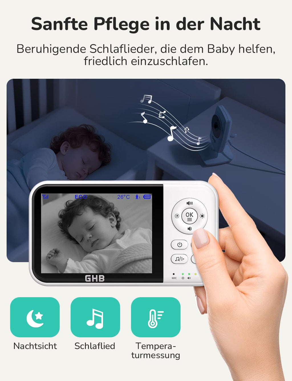 GHB Babyphone mit Kamera Baby Monitor 3,2 Zoll LCD 2100 mAh Akku 2X Zoom Temperatursensor Nachtsicht Gegensprechen