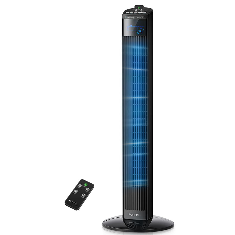 FOHERE Leiser Turmventilator, 91CM Oszillierender Stand Ventilator mit Kühlung Fernbedienung, 12-Stunden-Timer und Schlafmodus, Tragbarer Ventilator ohne Flügel für Schlafzimmer, Schwarz