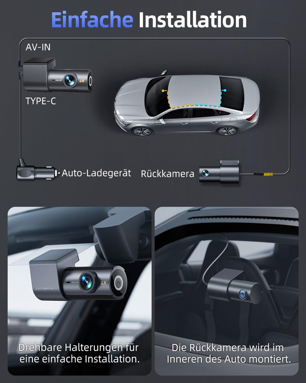 CIEVIE 4K+1080P Dashcam Auto Vorne Hinten mit 64GB SD Karte, 5GHz WiFi Dashcam mit 1,5″ IPS Display, 170° Weitwinkel, G-Sensor, WDR Nachtsicht, Loop-Aufnahme, APP Steuerung, Unterstützt 256 GB Max