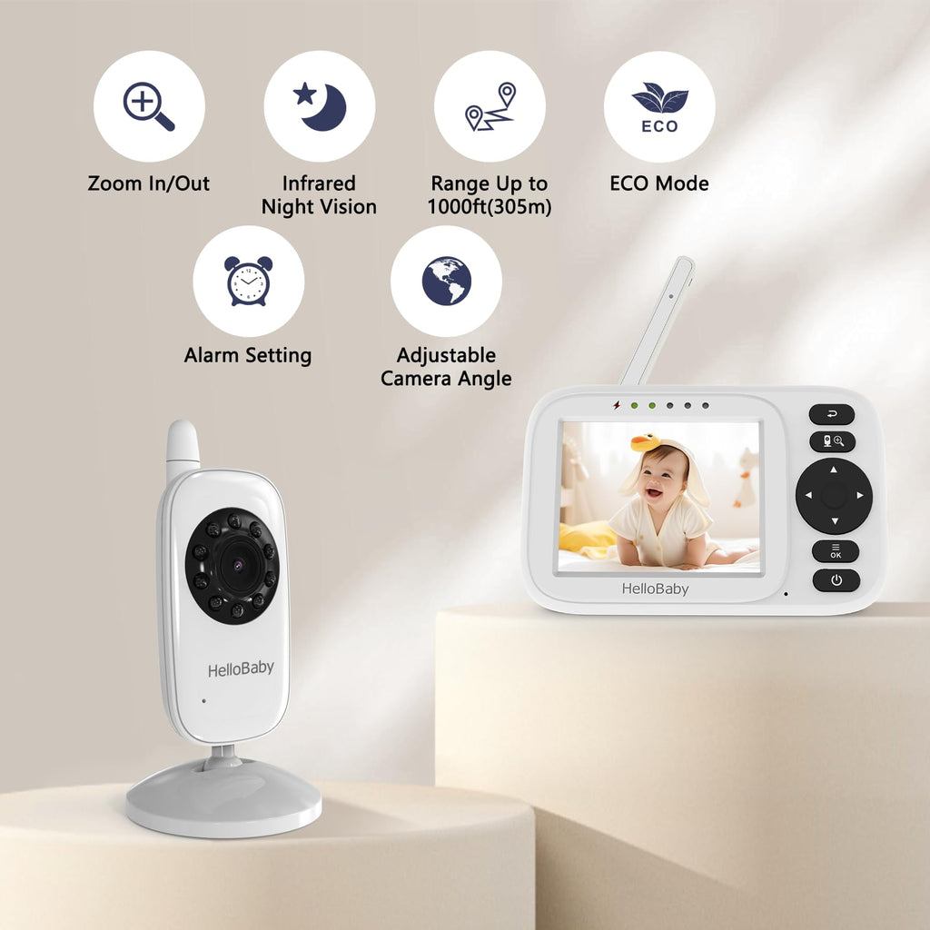 HelloBaby Babyphone mit Kamera, Video Babyphone ohne WLAN, 3,2 Zoll IPS Bildschirm,Nachtsicht, Winkel Manuell Einstellen, Reichweite 305m, ECO/VOX Audiomodus, Fütterungserinnerung,USB Ladegerät,HB2438