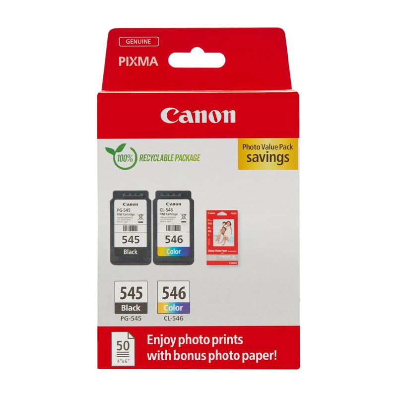 Canon Tinte & Papier Multipack - PG-545/CL-546 Original Drucker Tintenpatronen 2er-Pack (1 x Schwarz, 1 x Farbe druckerpatronen) & 4x6 Fotopapier (50 x Blatt) Für PIXMA TS3350, TS4550, TS3450, TS3150