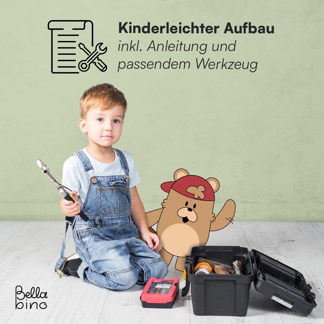 Bellabino Inny Kindersitzgruppe für 4 Kinder – Kindertisch mit 2 Bänken mit Lehne – Sitzbank Outdoor 30cm Höhe – Kinder Sitzgruppe in Natur aus Kiefernholz unbehandelt – Kinderbank für den Garten