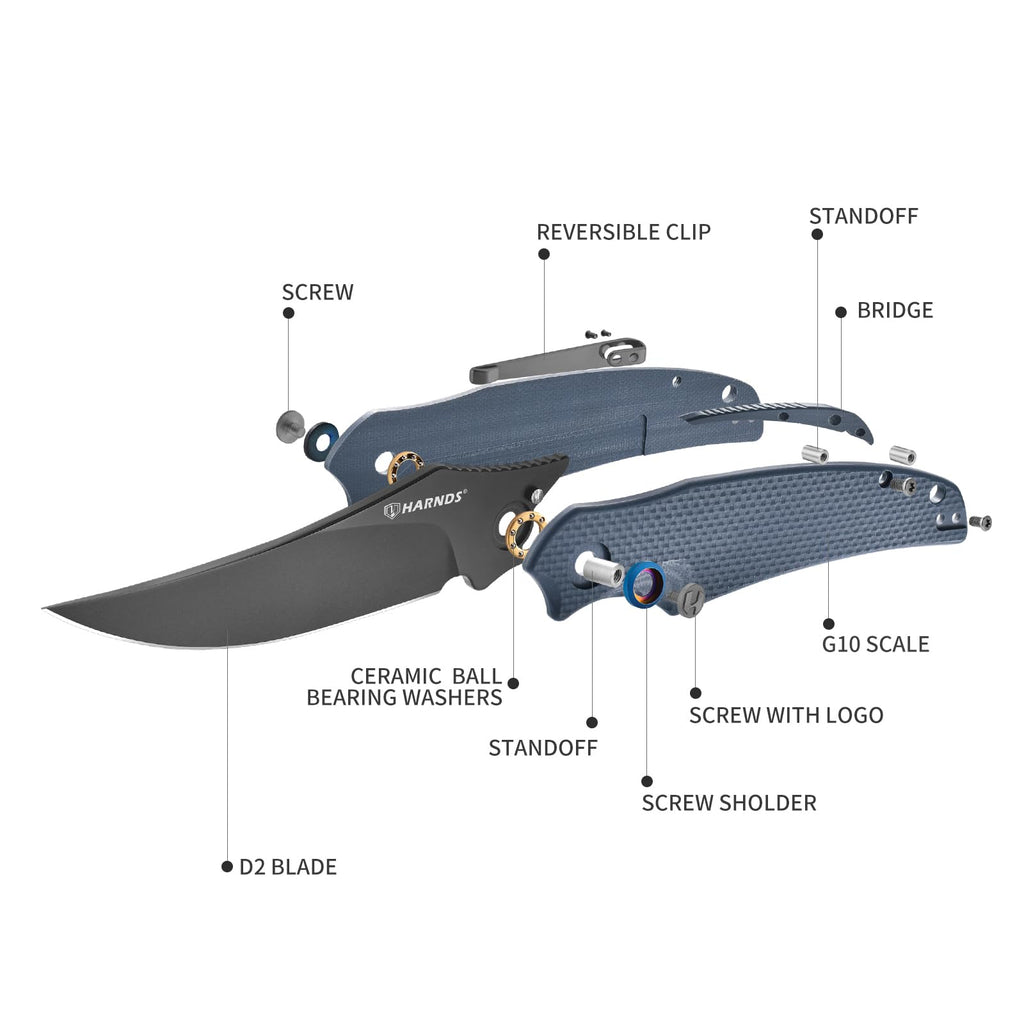 Harnds Taschenmesser Klappmesser Front Flipper mit D2 Stahlklinge und G10 Griff, Premium EDC Messer mit Taschenclip für Outdoor Angeln Überleben (Grau-Grau Titan)