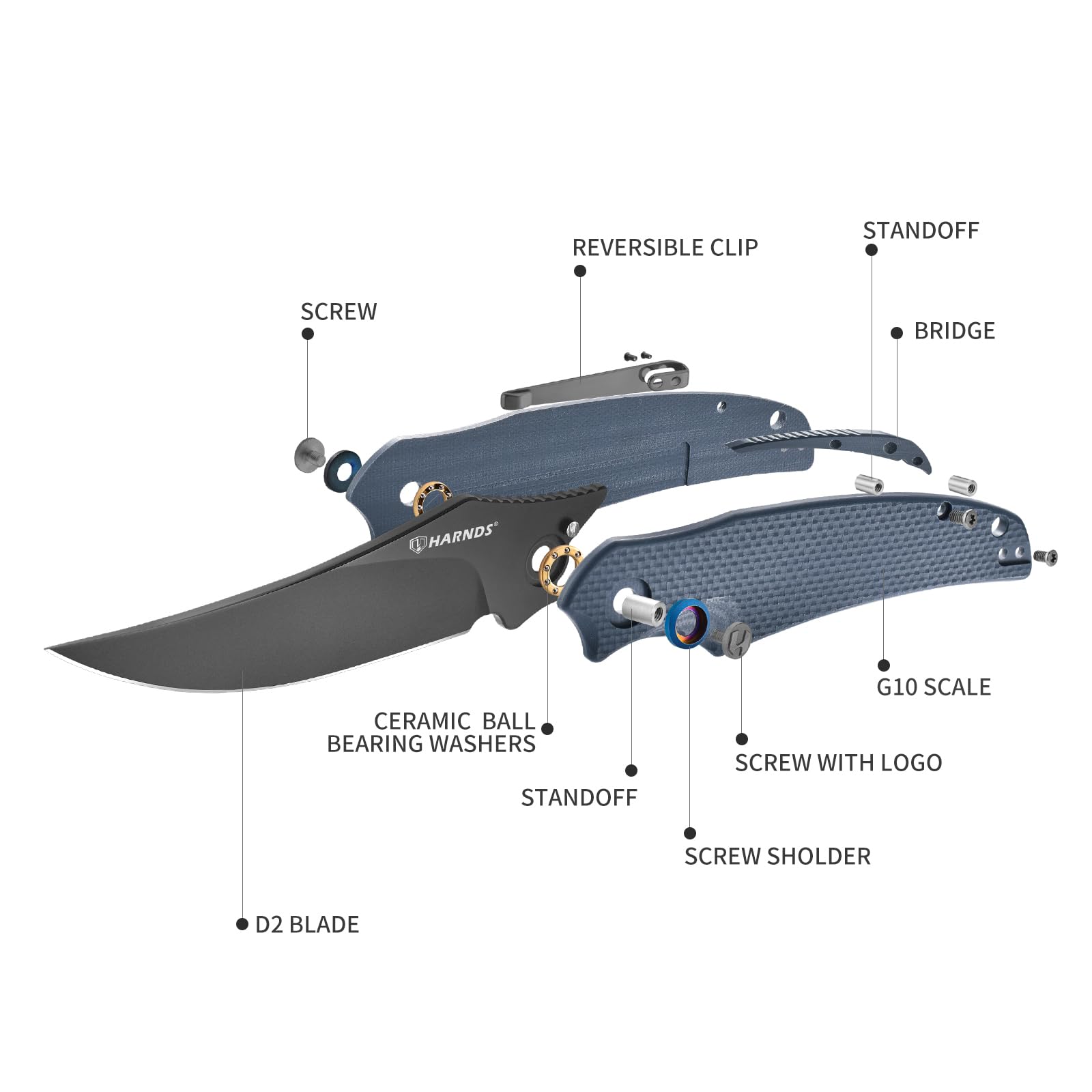 Harnds Taschenmesser Klappmesser Front Flipper mit D2 Stahlklinge und G10 Griff, Premium EDC Messer mit Taschenclip für Outdoor Angeln Überleben (Grau-Grau Titan)