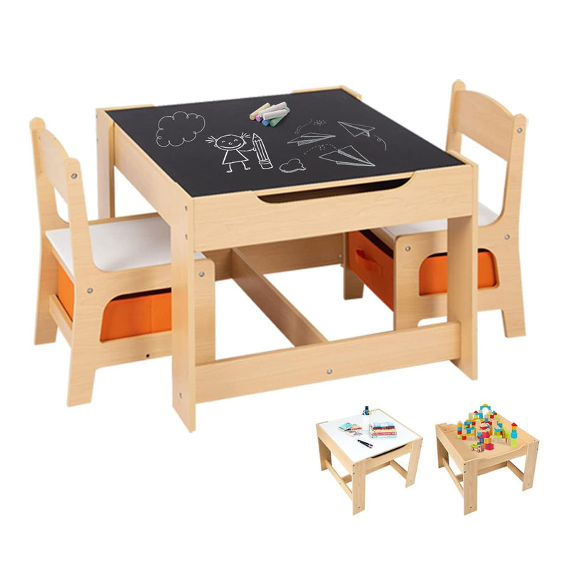 COSTWAY 3 TLG. Kindersitzgruppe, Kindertisch mit 2 Stühlen aus Holz, 3 in 1 Maltisch & Aktivitätstisch & Tafeltisch, Kindermöbel Kindersitzgarnitur für Kleinkinder von 3-7 Jahren (Natur)