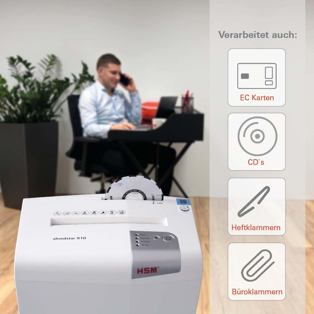 HSM shredstar X10 Aktenvernichter I Partikelschnitt 4,5x30mm I Sicherheitsstufe P-4 I Leiser Home Office Schredder für Papier, CDs, DVDs, Kreditkarten I 20l Auffangbehälter I Papierschredder 10 Blatt