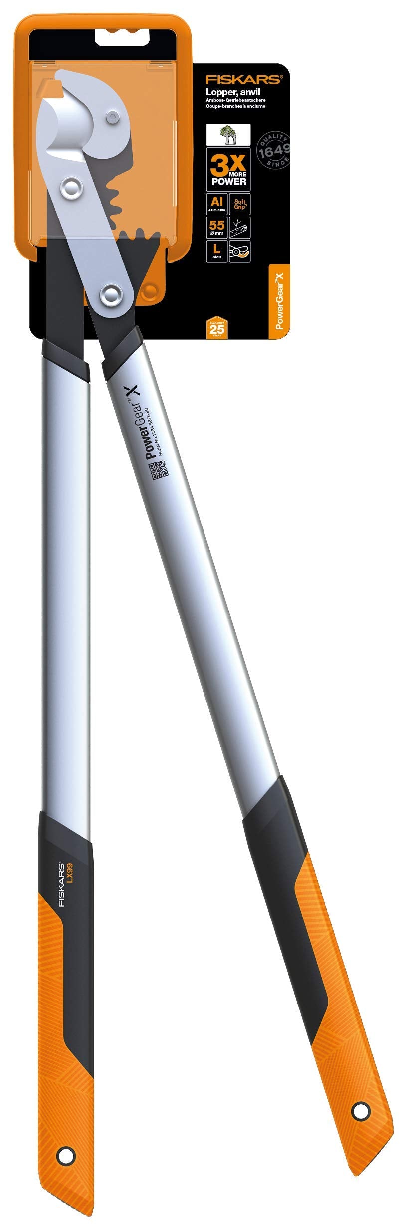 Fiskars PowerGearX Amboss-Getriebeastschere für trockenes und hartes Holz, Antihaftbeschichtet, Gehärteter Präzisionsstahl, Länge: 80 cm, Schwarz/Orange, LX99-L, 1020189