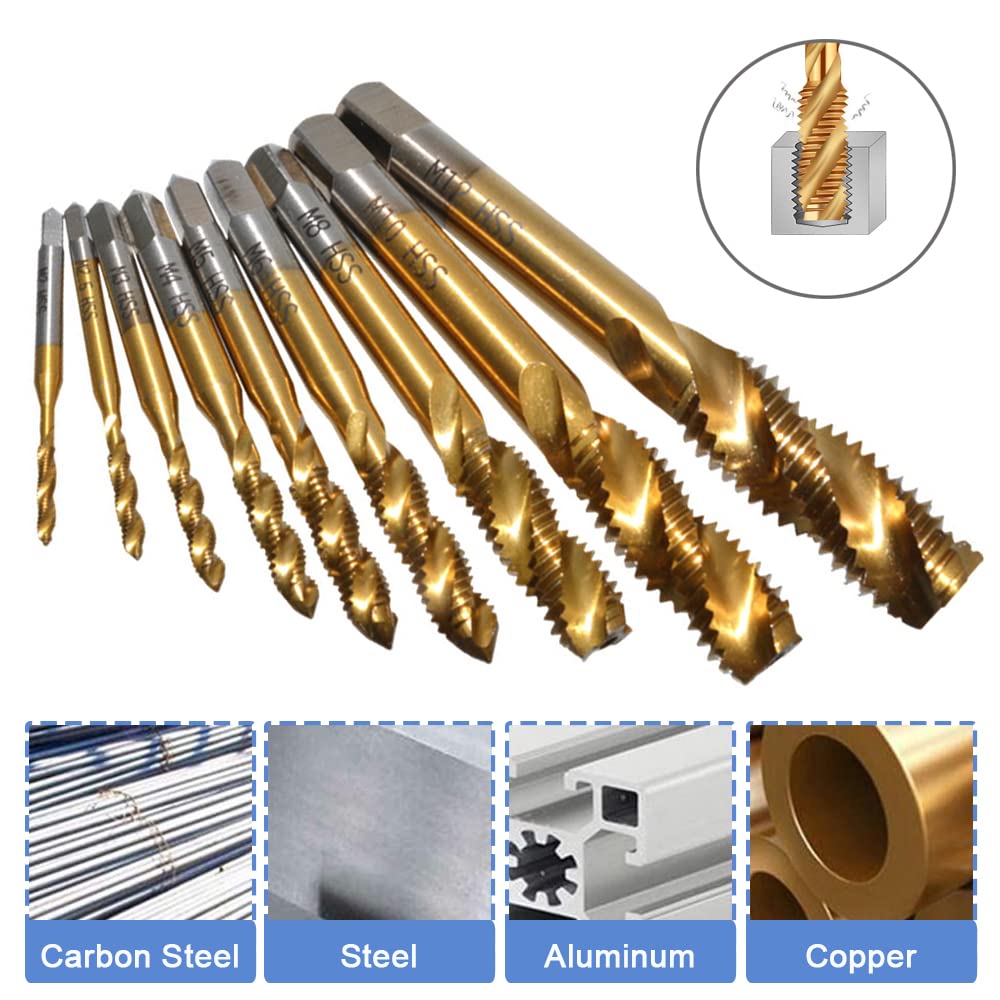 Mesee 9 Stück Spiralnuten-Gewindebohrer-Set, Titanbeschichtet, HSS metrisches Gewindebohrer, Bohrer, Gewindebohrer, Gewindebohrer, Gewindebohrer, M2, M2,5, M3, M4, M5, M6, M8, M10, M12