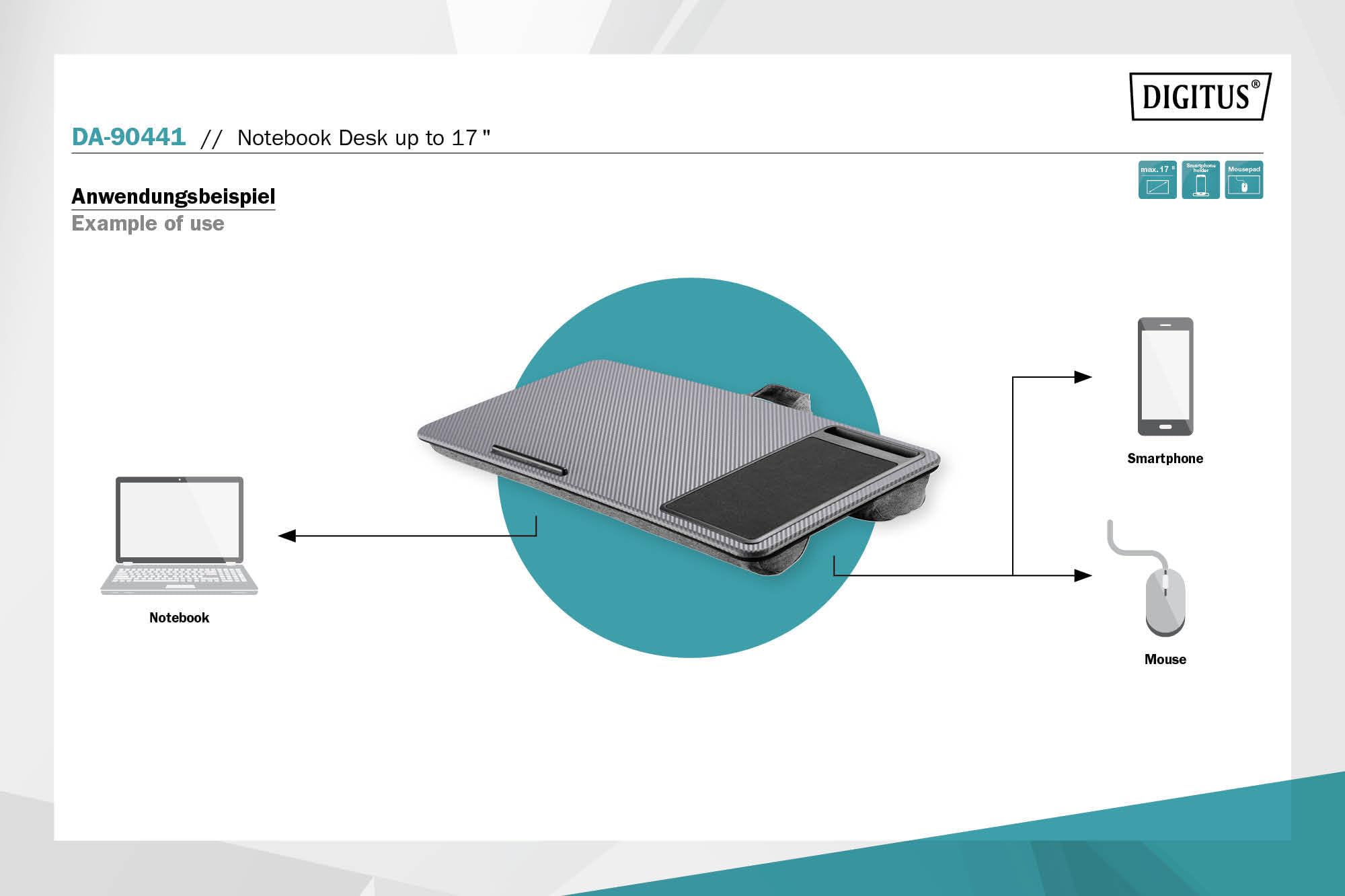 DIGITUS Notebook Kissen - mit Smartphone-Halterung - für 17" Laptops - Laptopunterlage - zum bequemen Arbeiten vom Sofa oder Bett aus - Grau