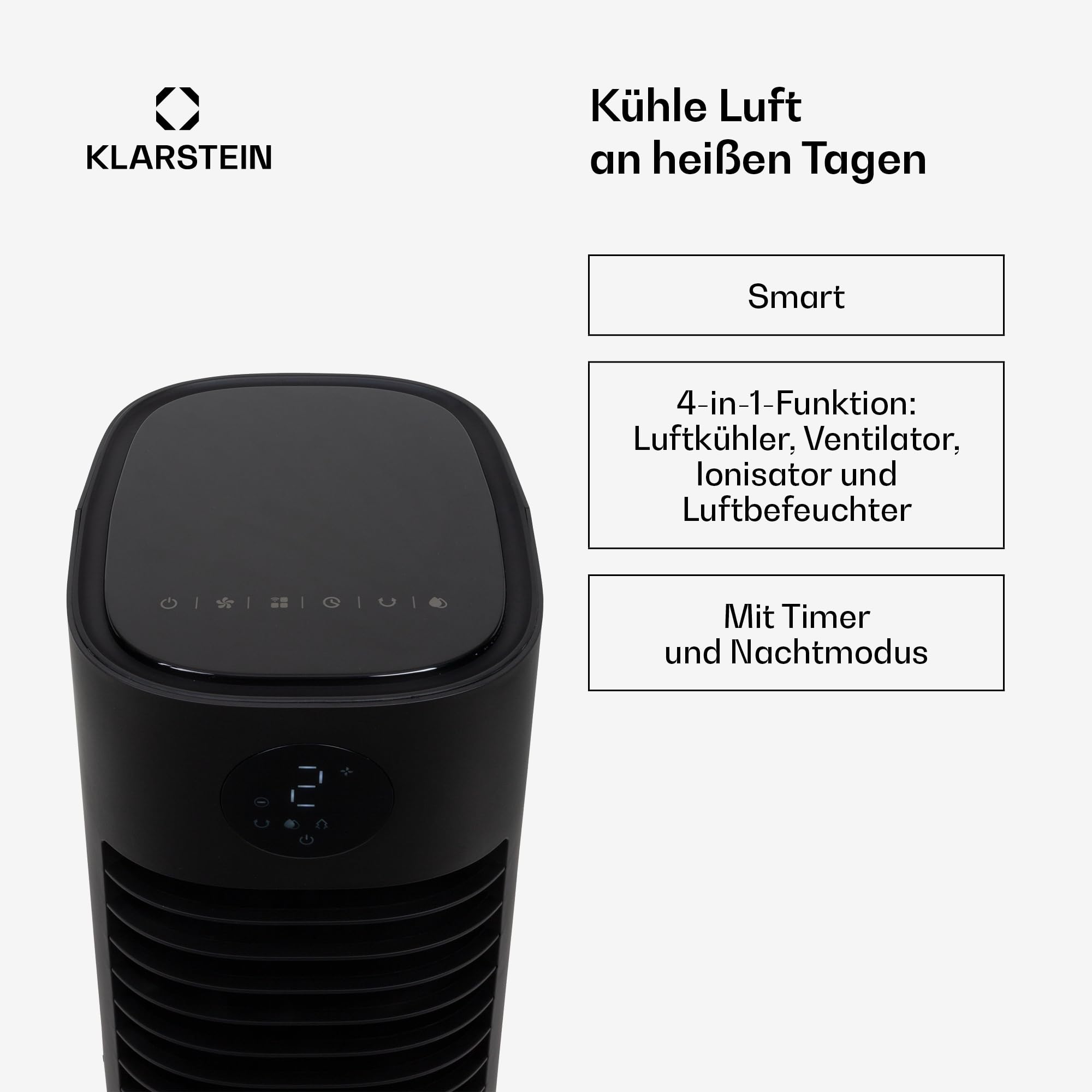 Klarstein Luftkühler mit Wasserkühlung, 5-in-1 Verdunstungskühler, Luftbefeuchter, Ventilator & Luftreiniger, Mobile Klimageräte Luftkühler mit App-Steuerung, 80W Air Cooler, 462m³/h Luftstrom, Weiß