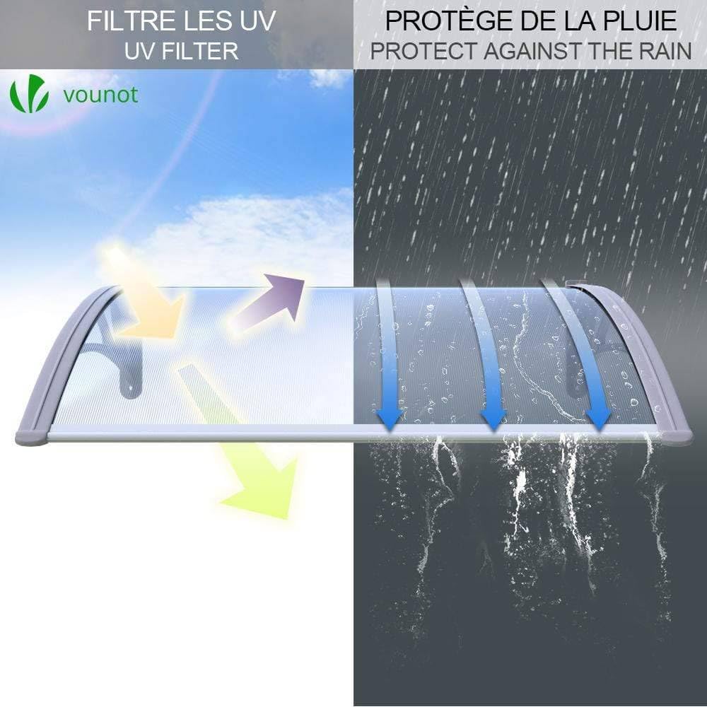 VOUNOT Vordach für Haustür 100 x 80 cm, Überdachung Haustür aus Aluminium und Polycarbonat, Transparentes Pultbogenvordach, Pultvordach, Grau