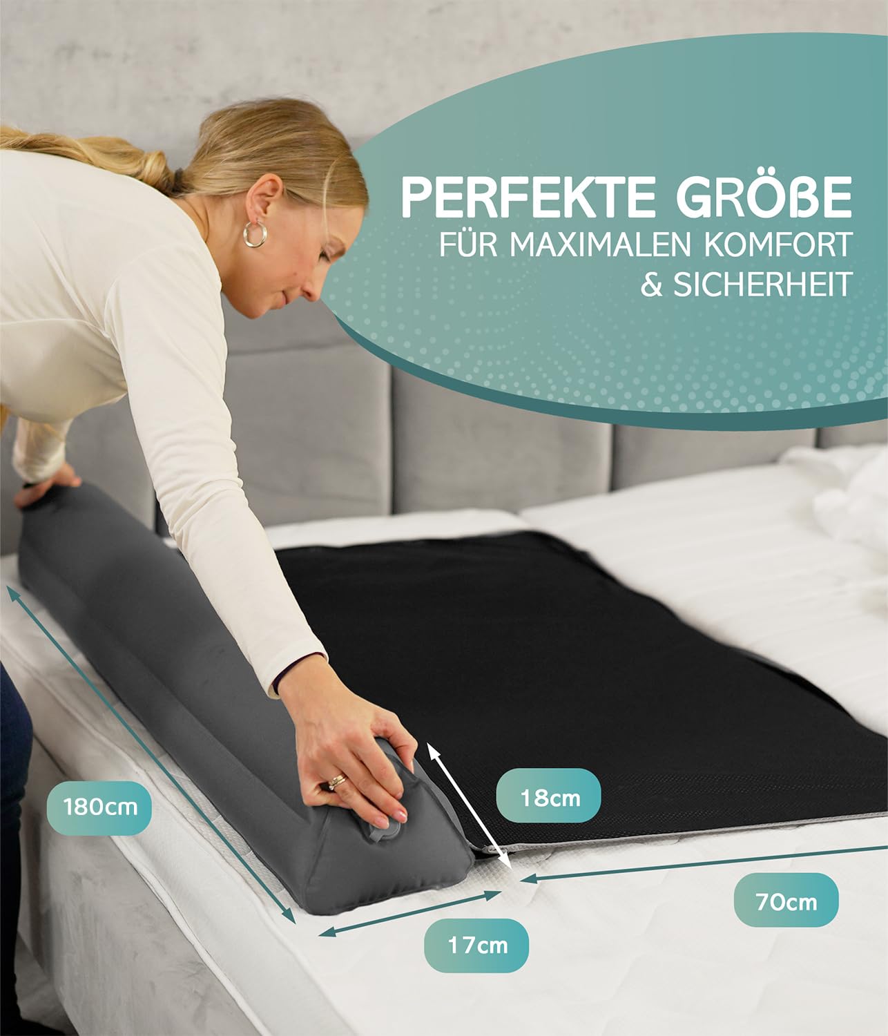 RAWVEL® Rausfallschutz aufblasbar 180cm Light - [NEU 2025] - passend für alle Betten Zuhause & auf Reisen - Rausfallschutz Bett Reise BPA Frei & Laborgeprüft - Rausfallschutz Boxspringbett (1er Set)