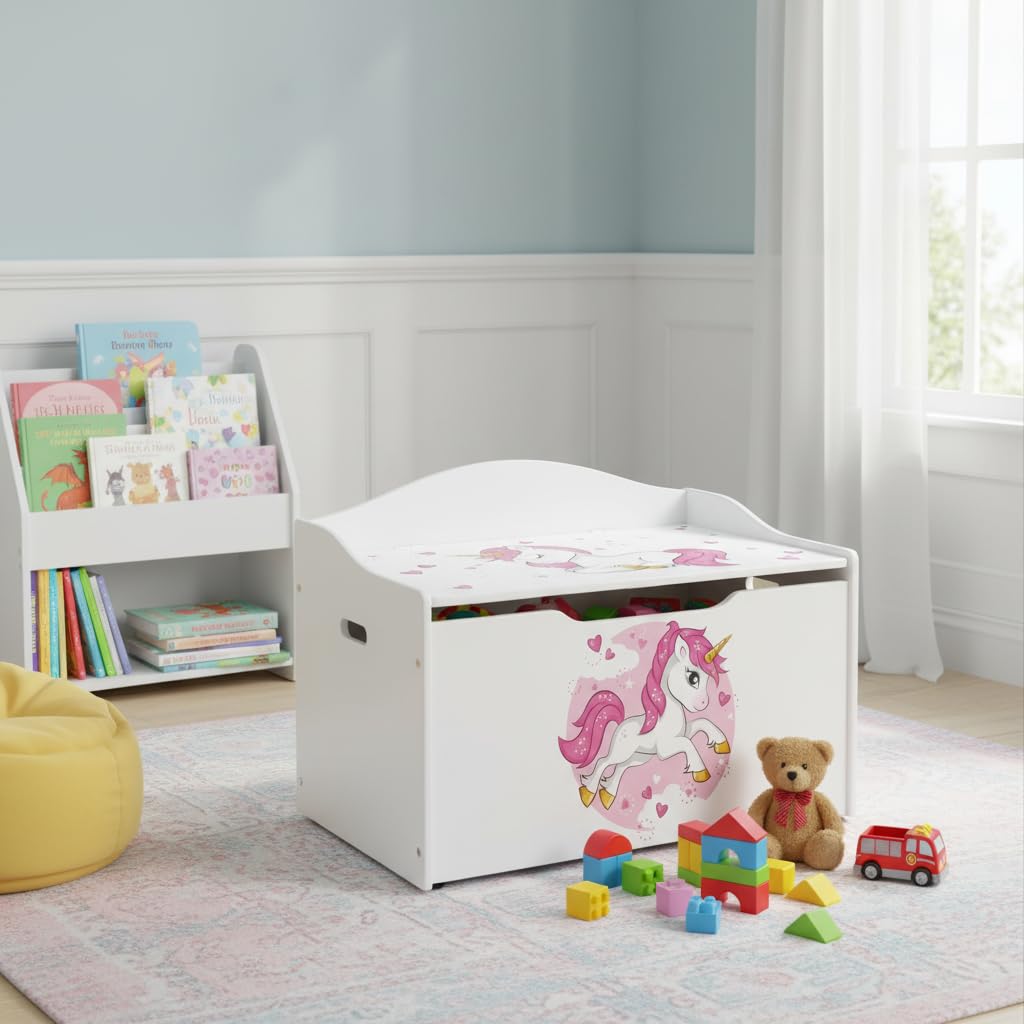 Leomark Kinderbank Hölzerne - UV-Druck: Rosa Einhorn - Kindertruhenbank, Behälter für Spielzeug, Truhe für Kinderzimmer, Höhe: 46 cm
