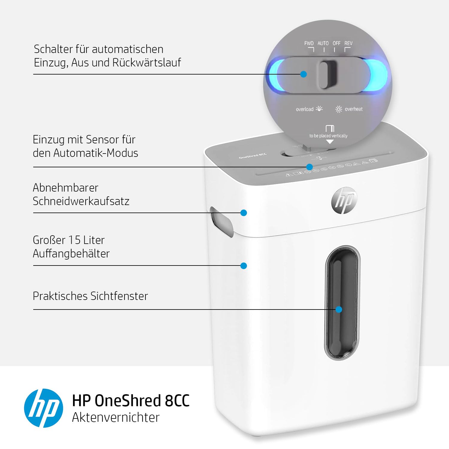 HP OneShred 8CC Aktenvernichter P4 | Schredder Aktenvernichter mit Cross Cut Partikelschnitt | Papierschredder für Zuhause & Büro | 8 Blatt Schnittleistung | Shredder Papier mit 15L Auffangbehälter