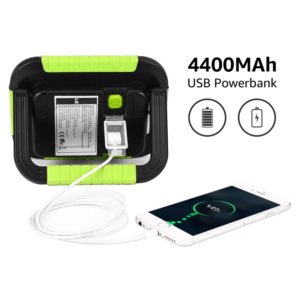LE LED Akku Strahler, Campinglampe Tragbar, 10W 1000 Lumen Superhell Wiederaufladbare Suchscheinwerfer, Dimmbar Notfallleuchte mit 3 Lichtmodi für Stromausfällen, Camping usw.