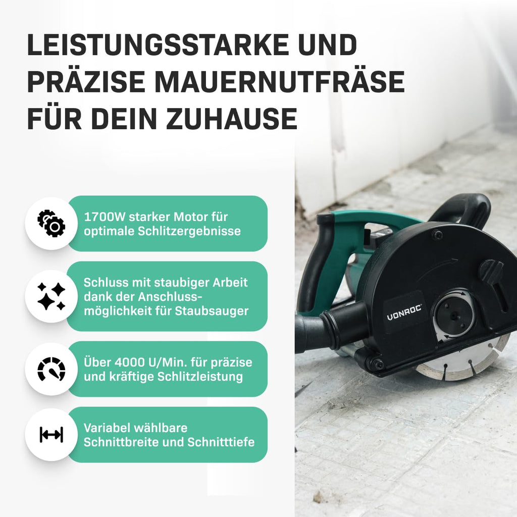 VONROC Schlitzfräse Mauernutfräse mit Absaugung [1700W] - Nutfräser für Kabelnut [14/19/29mm] - Schlitzmaschine 150mm mit Schnittiefe [4-40mm] inklusive 4 Diamantscheiben