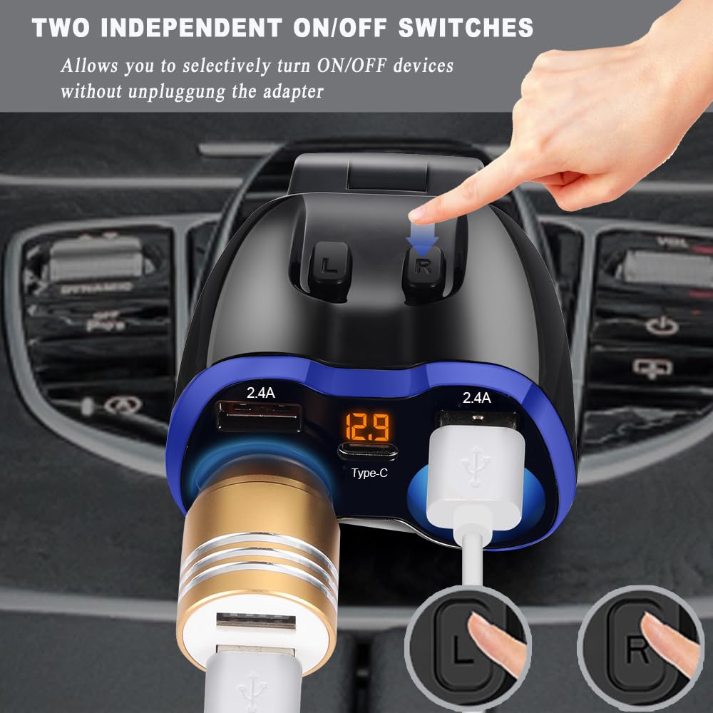 USB C Auto Ladegerät Zigarettenanzünder Verteiler Adapter Splitter Typ C KFZ Ladegerät 2 Fach Steckdose 12V/24V DC 120W mit LED Voltmeter Schalter Dual USB Port