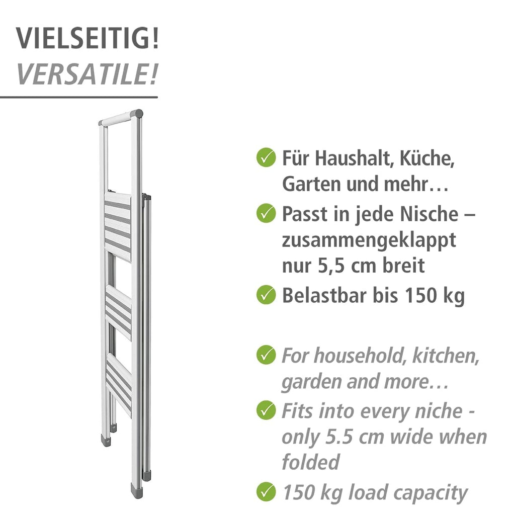 WENKO Leichte Aluminium Trittleiter mit 3 Stufen für 75 cm höheren Stand, rutschsichere XXL-Stufen, Design Klapptrittleiter, TÜV Süd Zertifiziert, 44 x 127 x 5,5 cm, Weiß