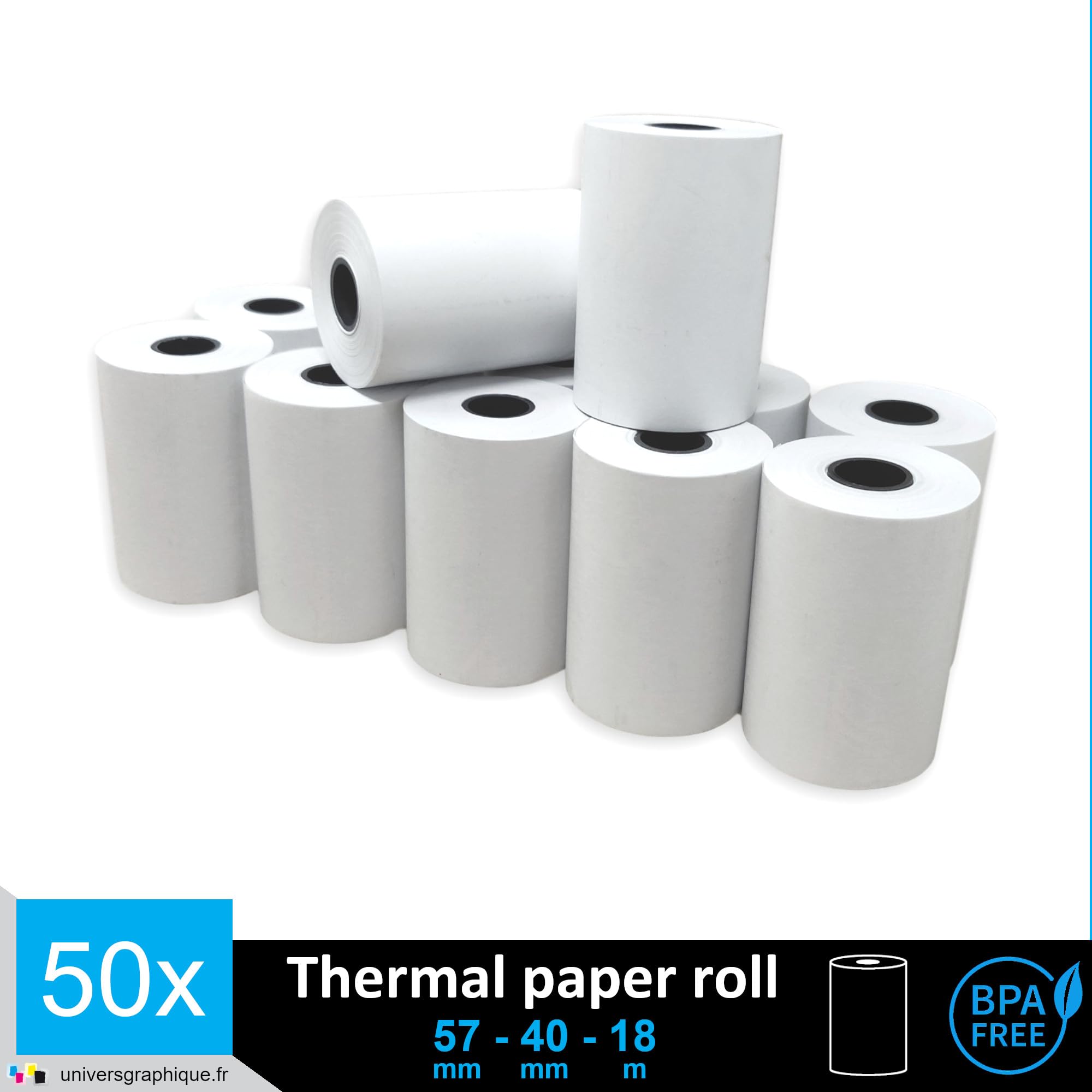 50 EC-Cash Thermorollen 57 x 40 x 12 für EC-Geräte mit Thermodrucker, Thermopapier EC-Cash Bonrolle, Bisphenol-A frei Ø40 mm