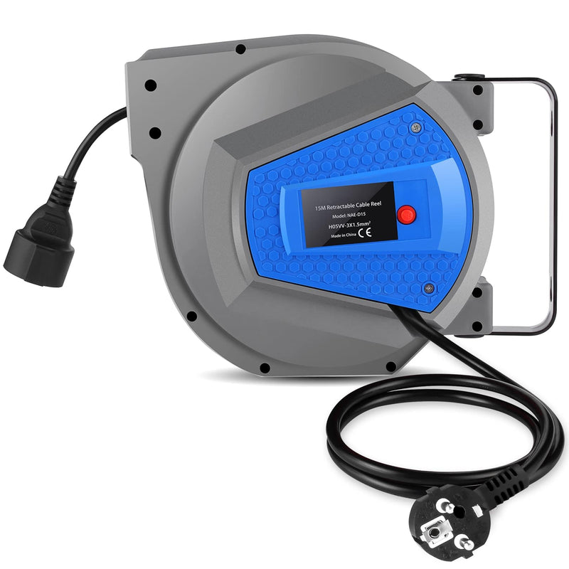 Professionell Automatische Kabeltrommel | 15m+1m Wand- und Deckenmontage | 180° Drehbares Kabel | Spritzwassergeschützt| für Innen- und Außenbereiche | Leistung 1500-3000W